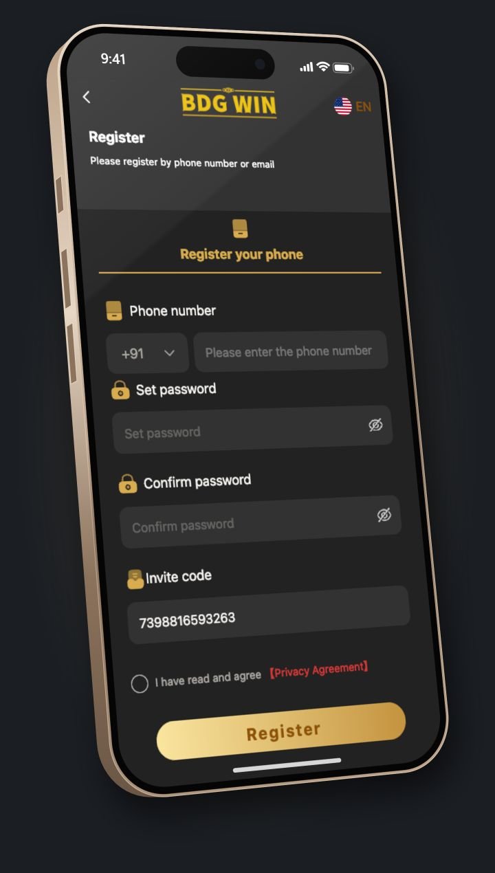 iPhone पर BDG Game की register स्क्रीन, जिसमें invite code 7398816593263 भरा हुआ है